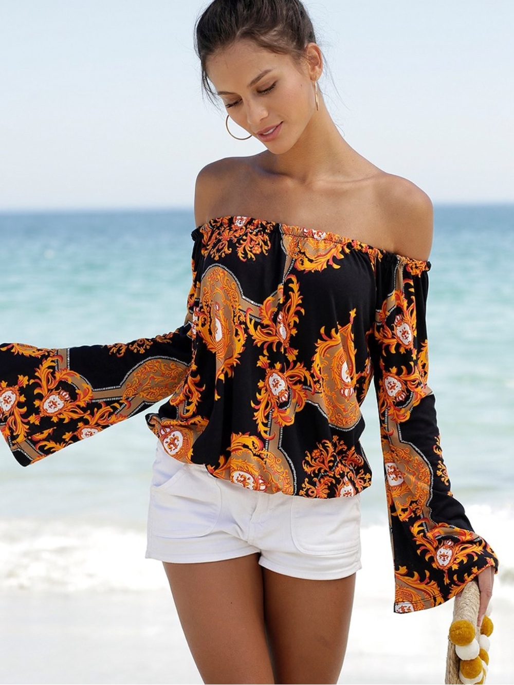 ✨ Lascana - Off the Shoulder Top in Vibrant Black & Orange - Sz M EXCL COND ✨
